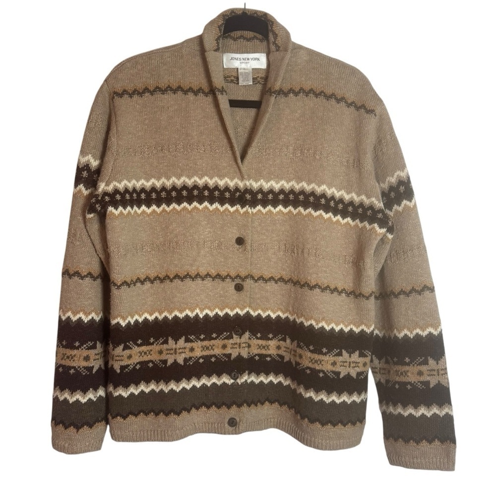 Jones New York Sport Women's Tan and Brown Fair Isle Patterned Large Cardigan
